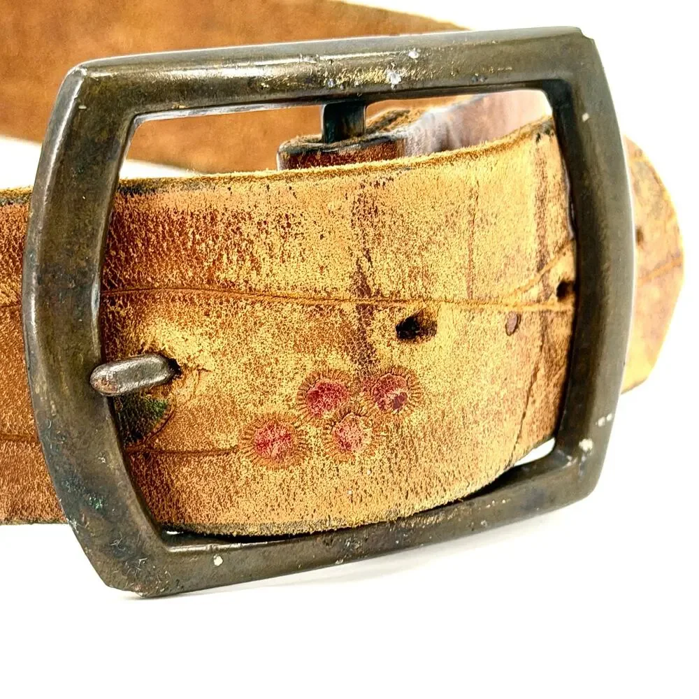 Vintage 70s Brown Leather Hand-Tooled Cherry Leaf Belt